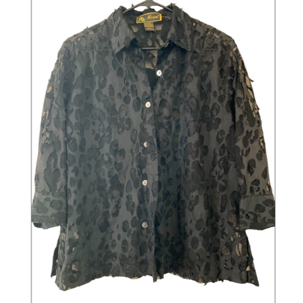 Mirasol Chic Black Sheer Lace Button-Up Blouse SIZE L